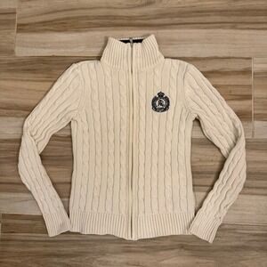 Lauren Ralph Lauren Active Cream Cable Knit Full Zip Crest Sweater Womens XS